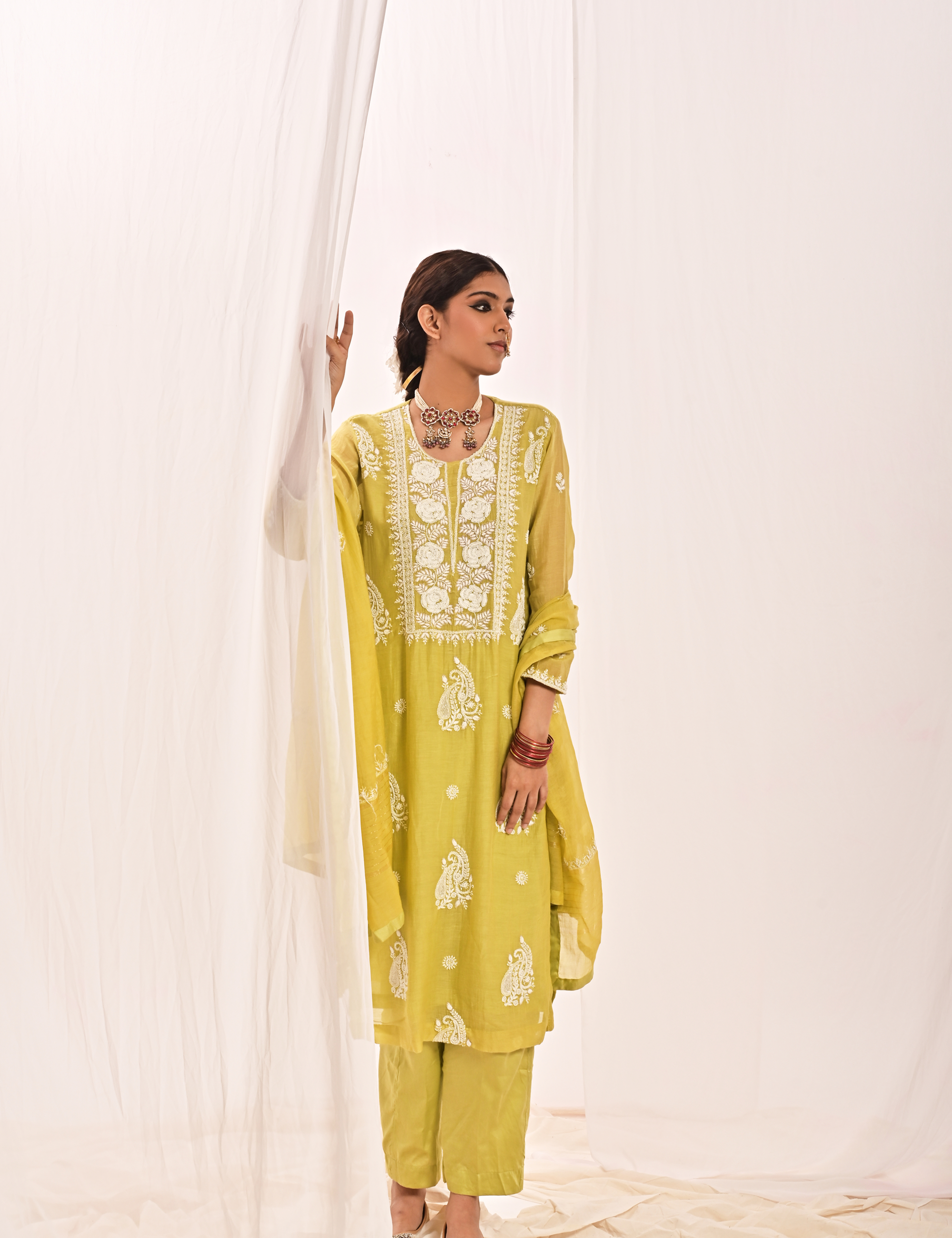 Nayaab Chanderi Suit set in Lime Green