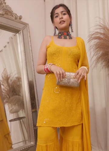 Kritika Khurana Noor Chikan Mukaish Set of three in Mustard