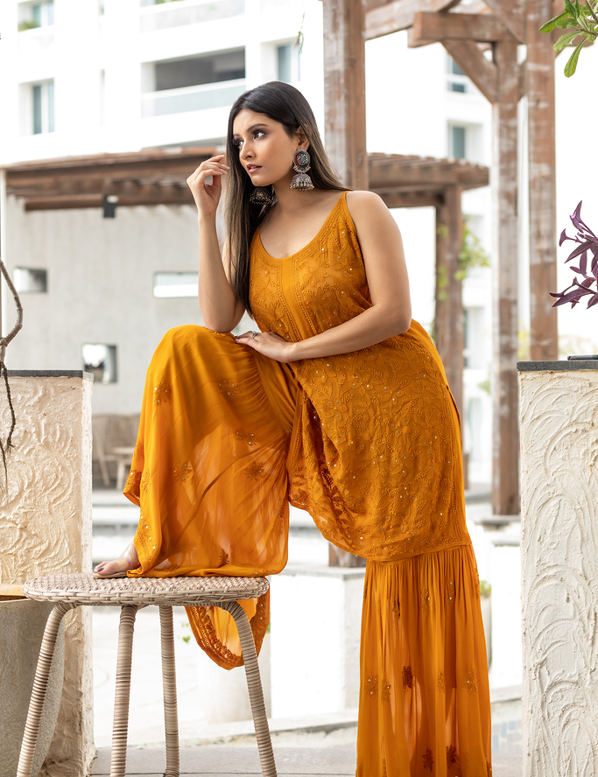 Noor Chikan Mukaish Set of three in Mustard