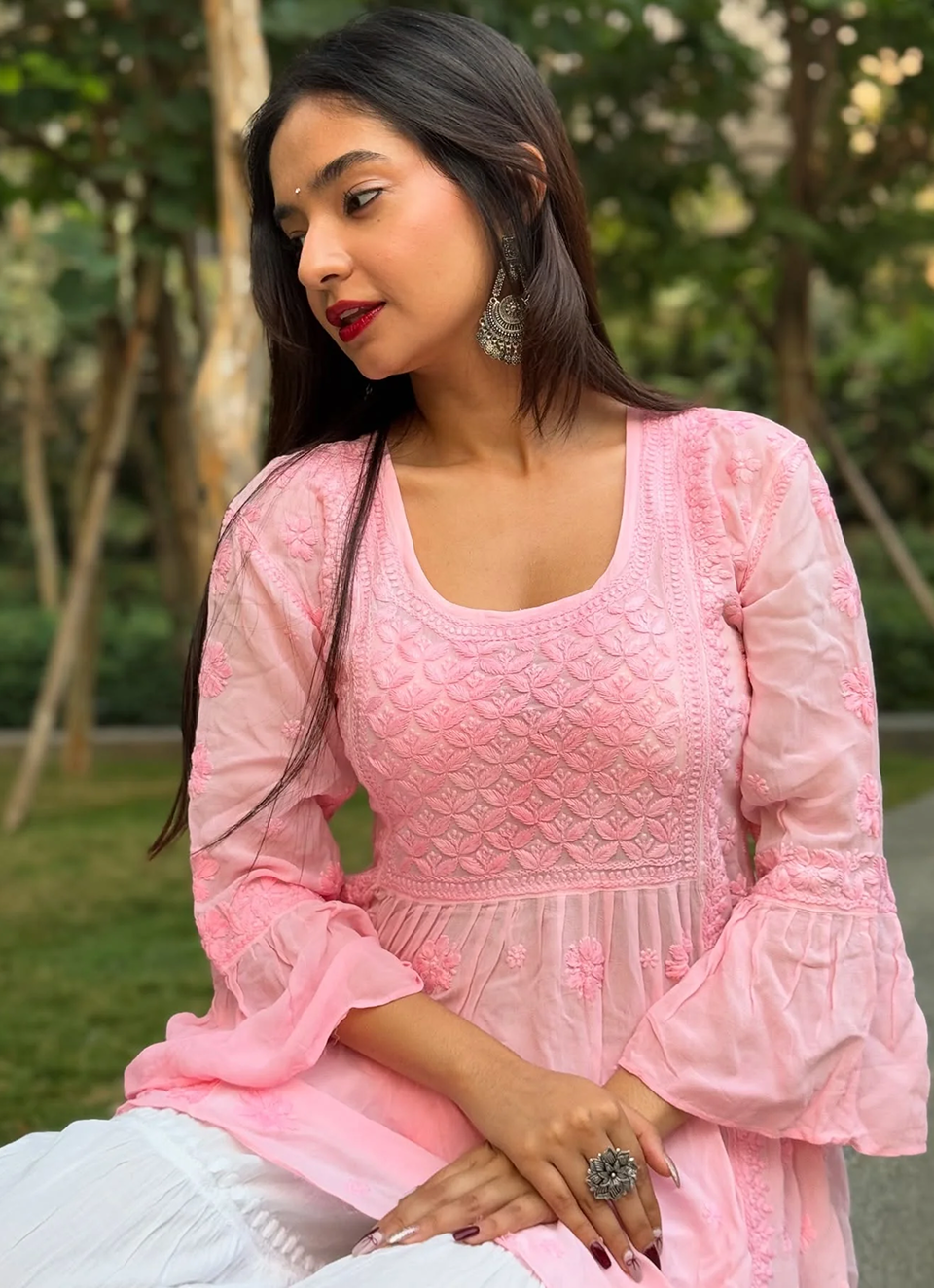 Anushka Sen Rizaa Kurti in pink with chikankari