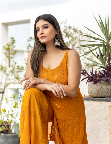 Noor Chikan Mukaish Set of three in Mustard