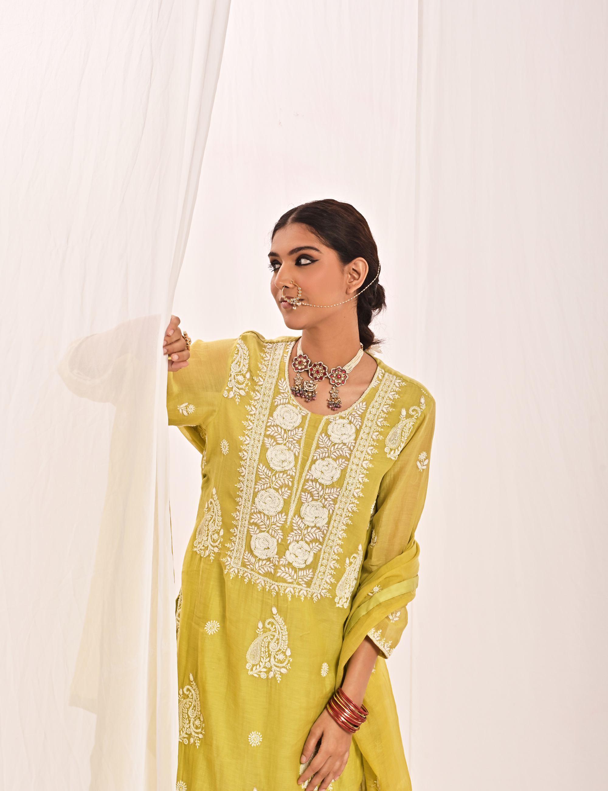 Nayaab Chanderi Suit set in Lime Green