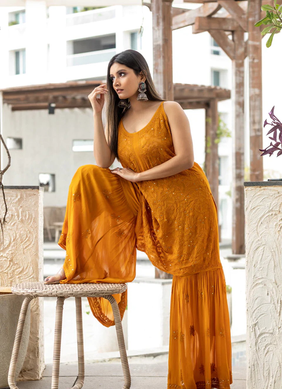 Kritika Khurana Noor Chikan Mukaish Set of three in Mustard