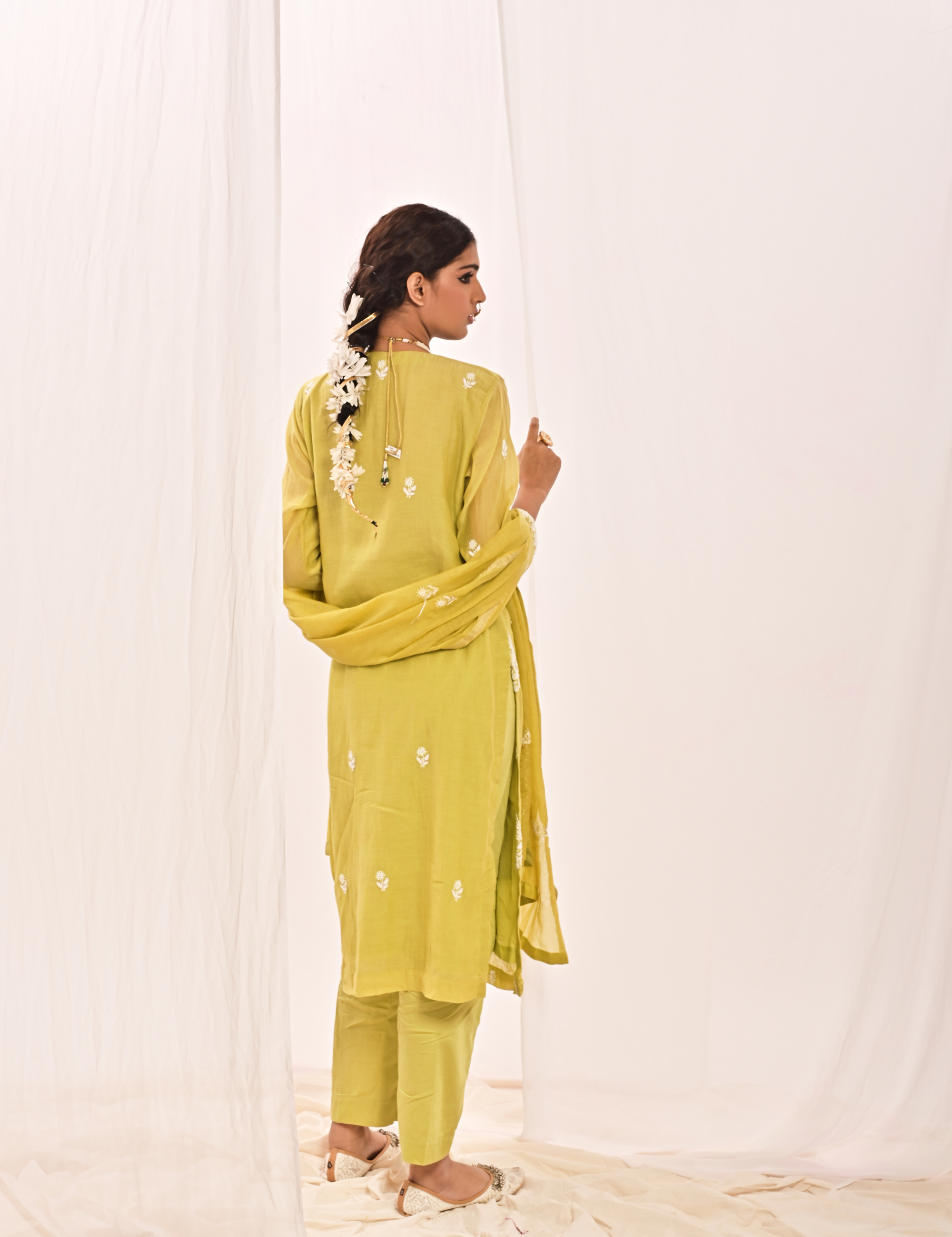 Nayaab Chanderi Suit set in Lime Green