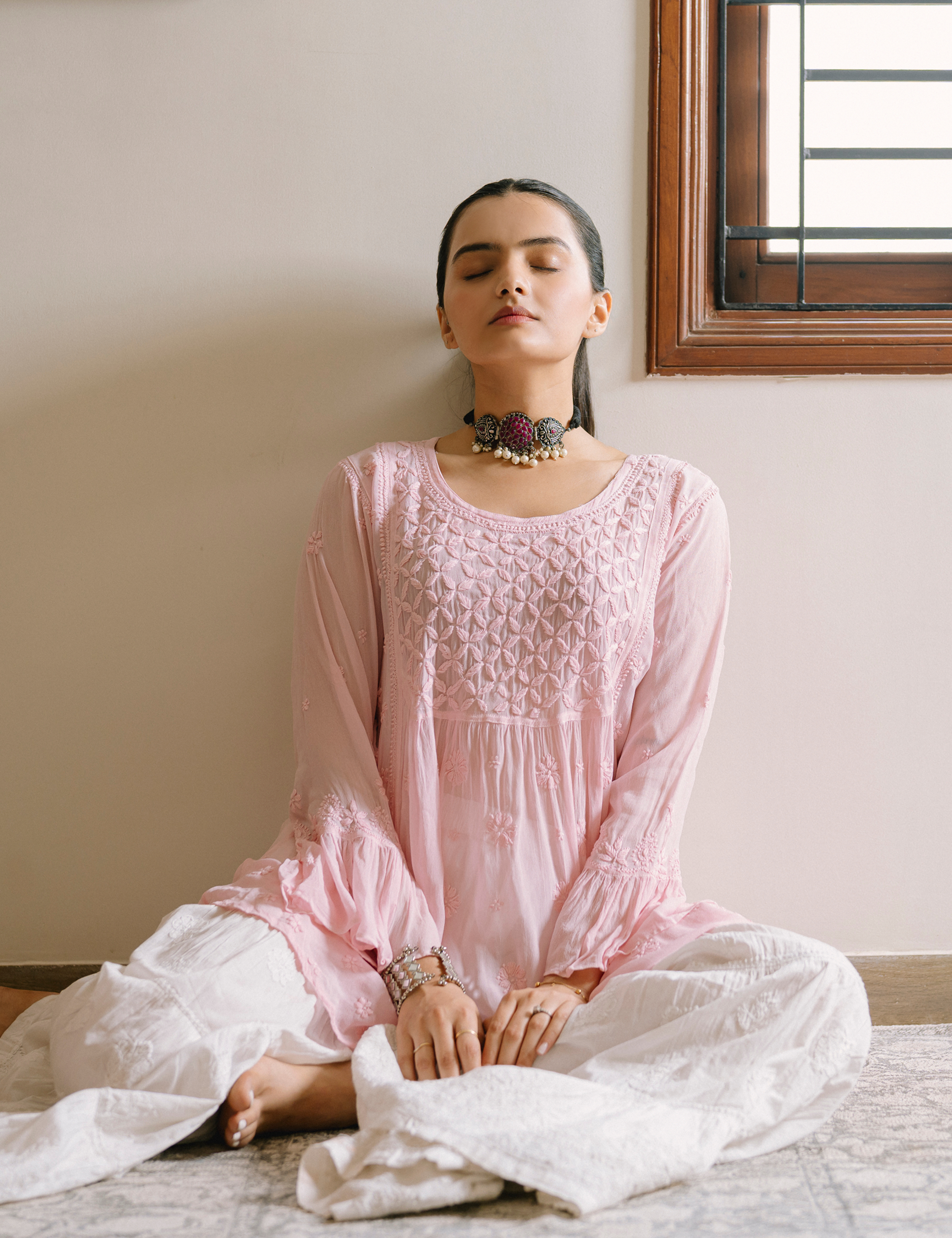 Rizaa Kurti in pink with chikankari