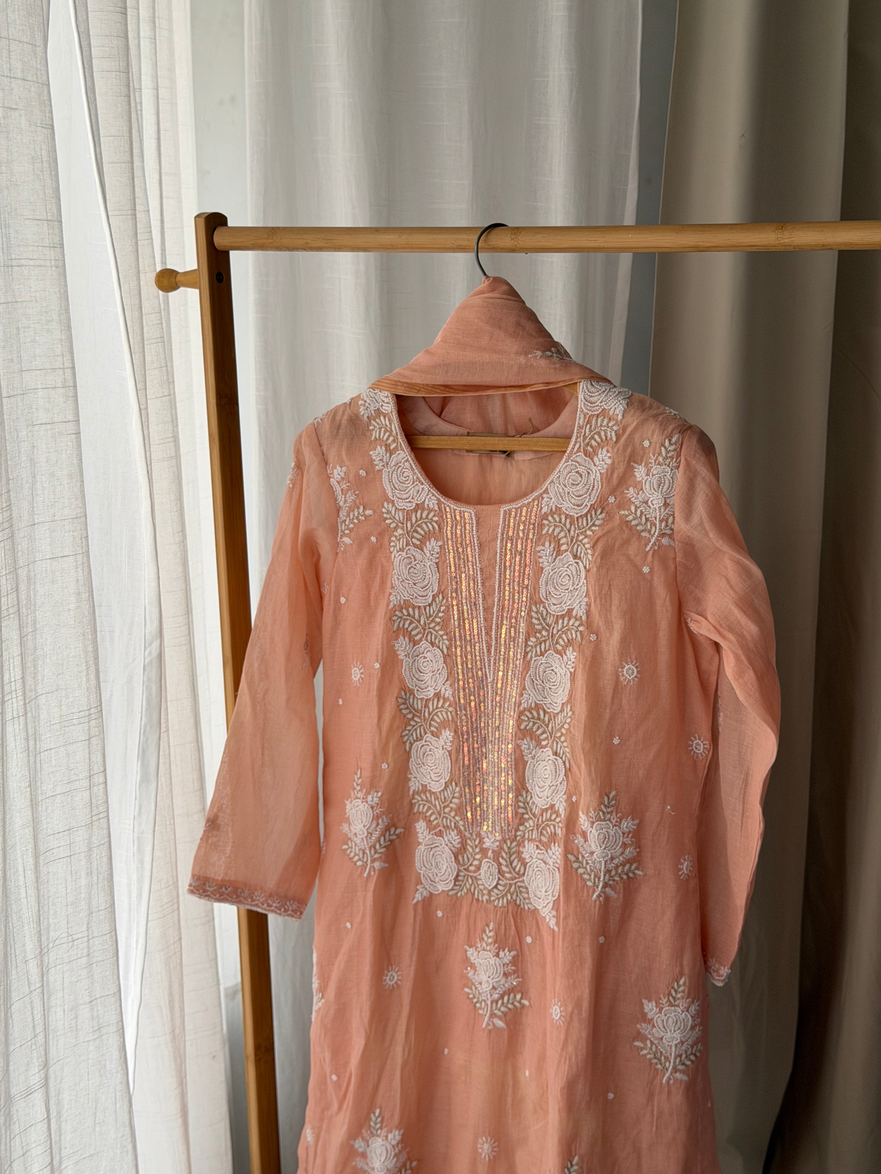 Nayaab chikankari kurta set in Peach