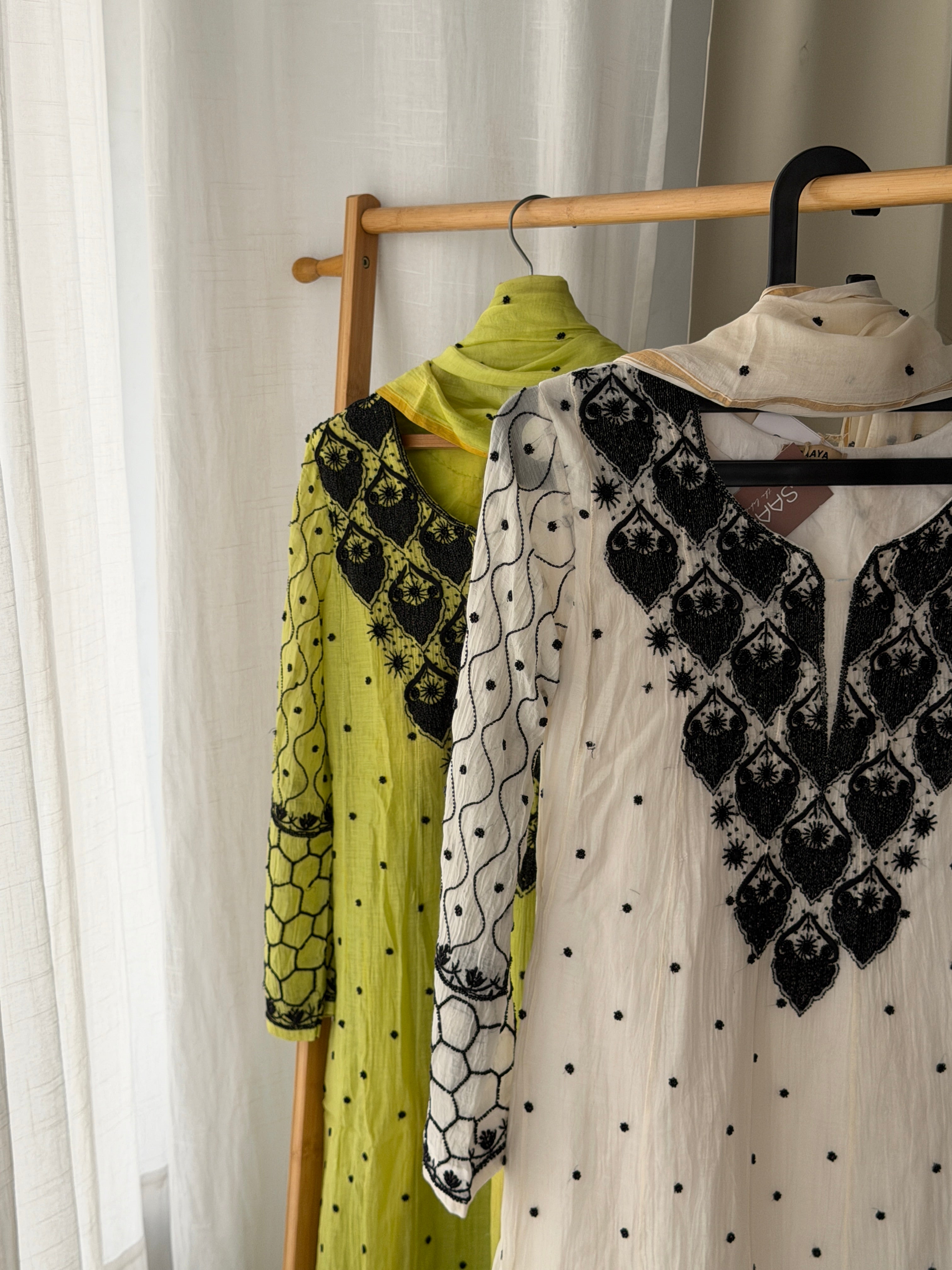 Mal chanderi black & white chikankari pearl Anarkali set