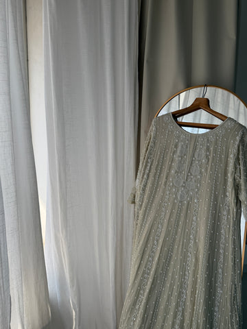 'ZUHRA' Delicate Pearl chikankari Anarkali in Pista