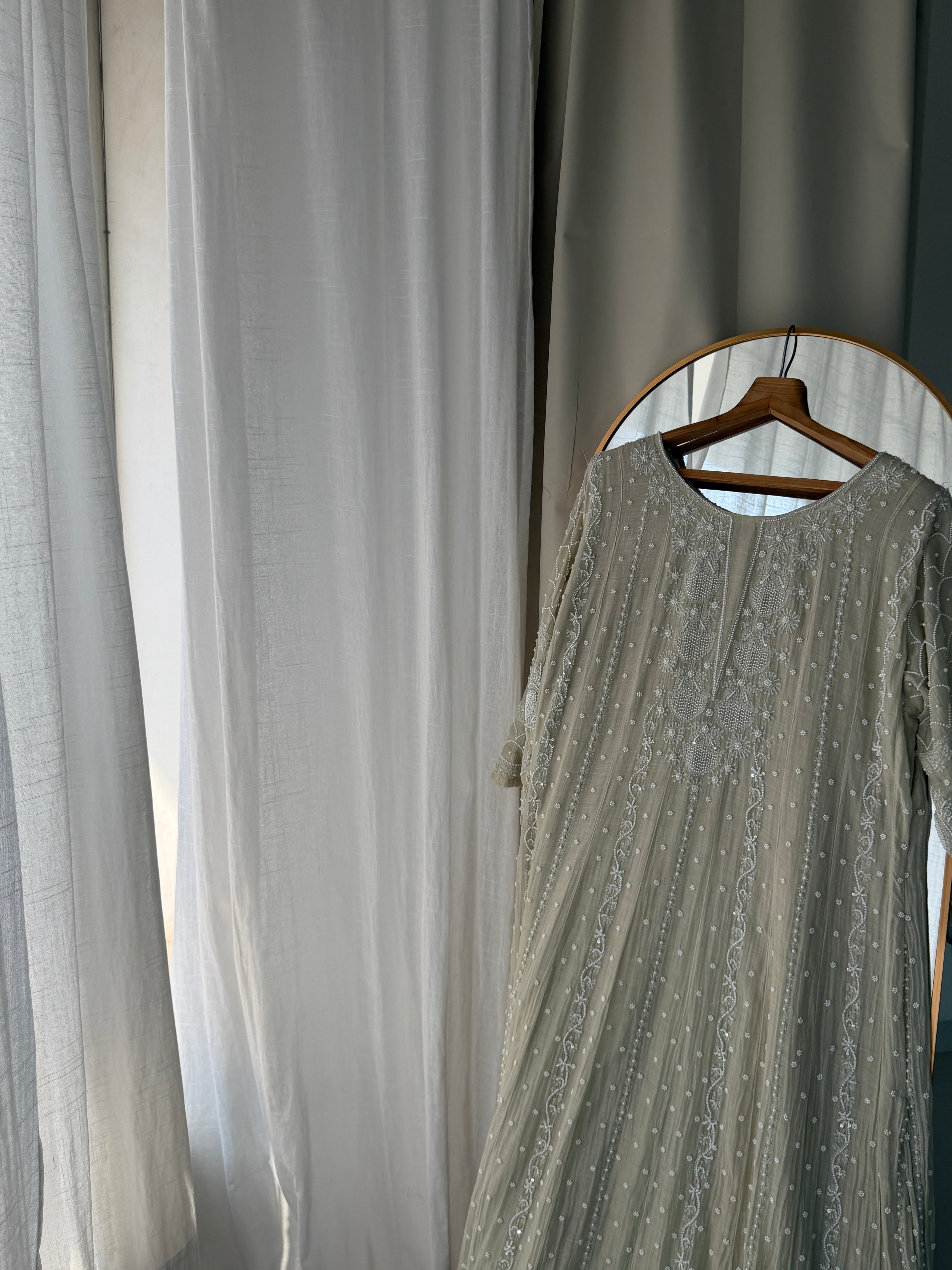 'ZUHRA' Delicate Pearl chikankari Anarkali in Pista