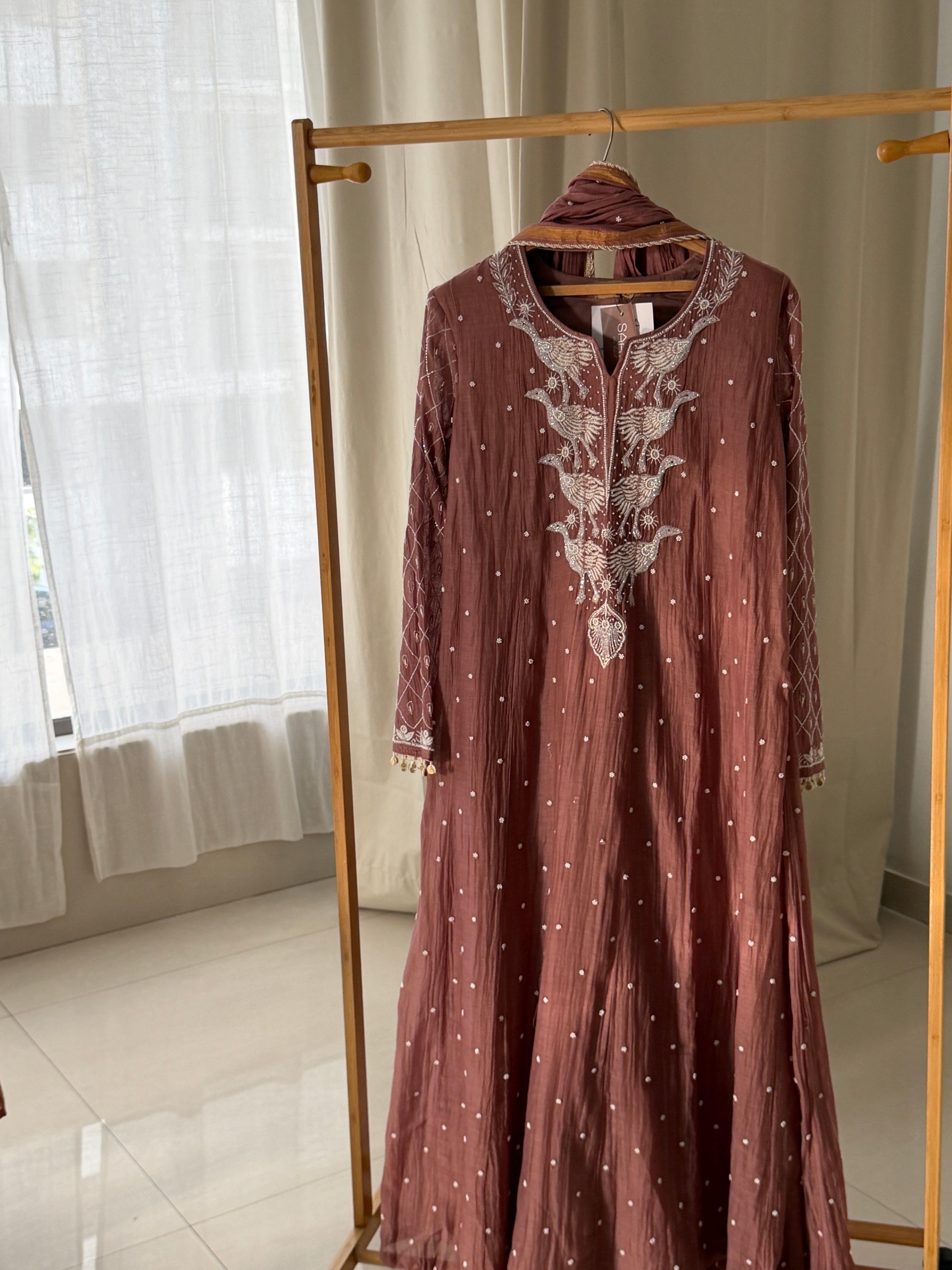 Pure mal chanderi Bird anarkali with chikankari & pearl embroidery