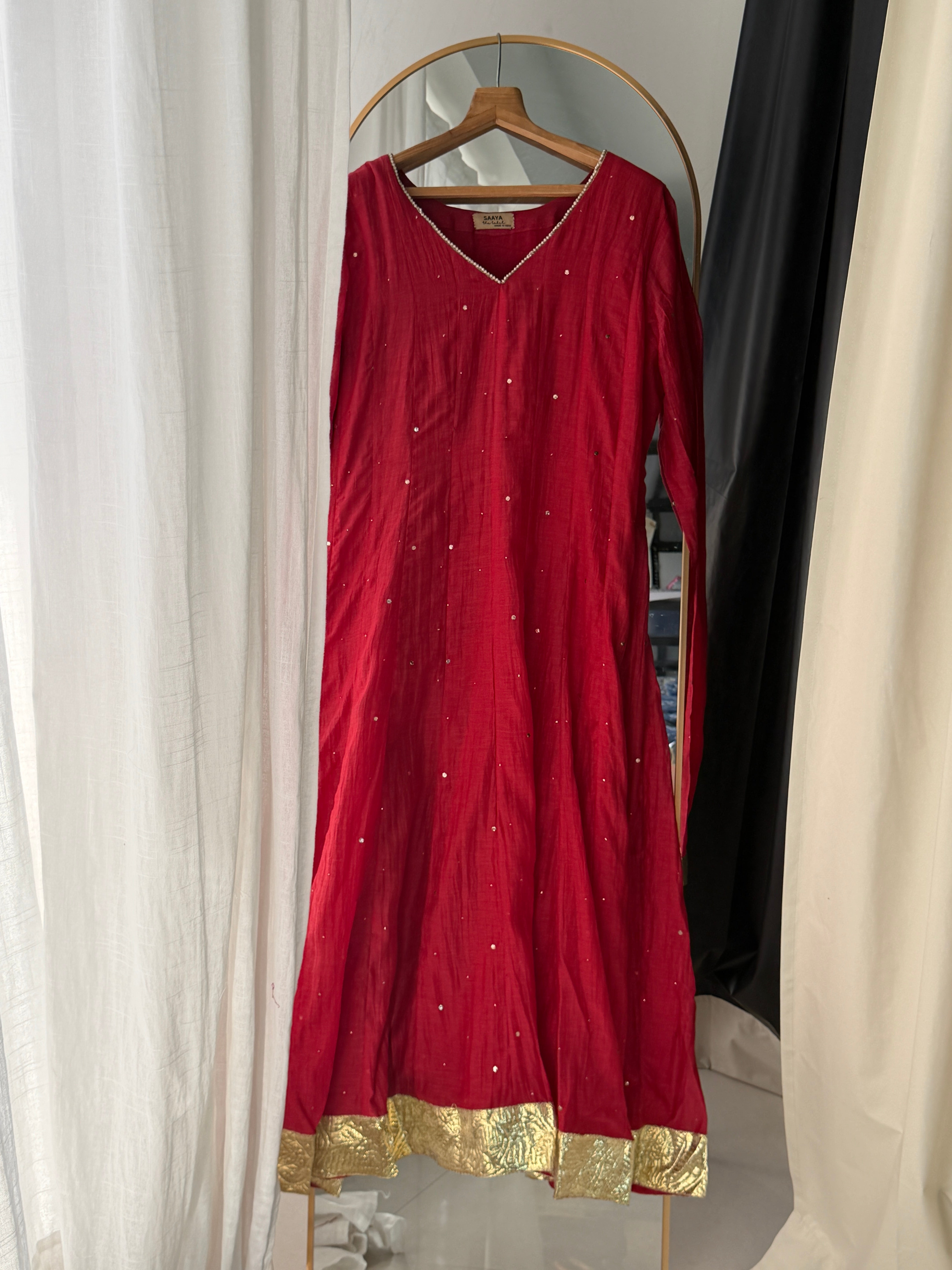 'Riwayat' Anarkali set with churidar and dupatta and Deep Red