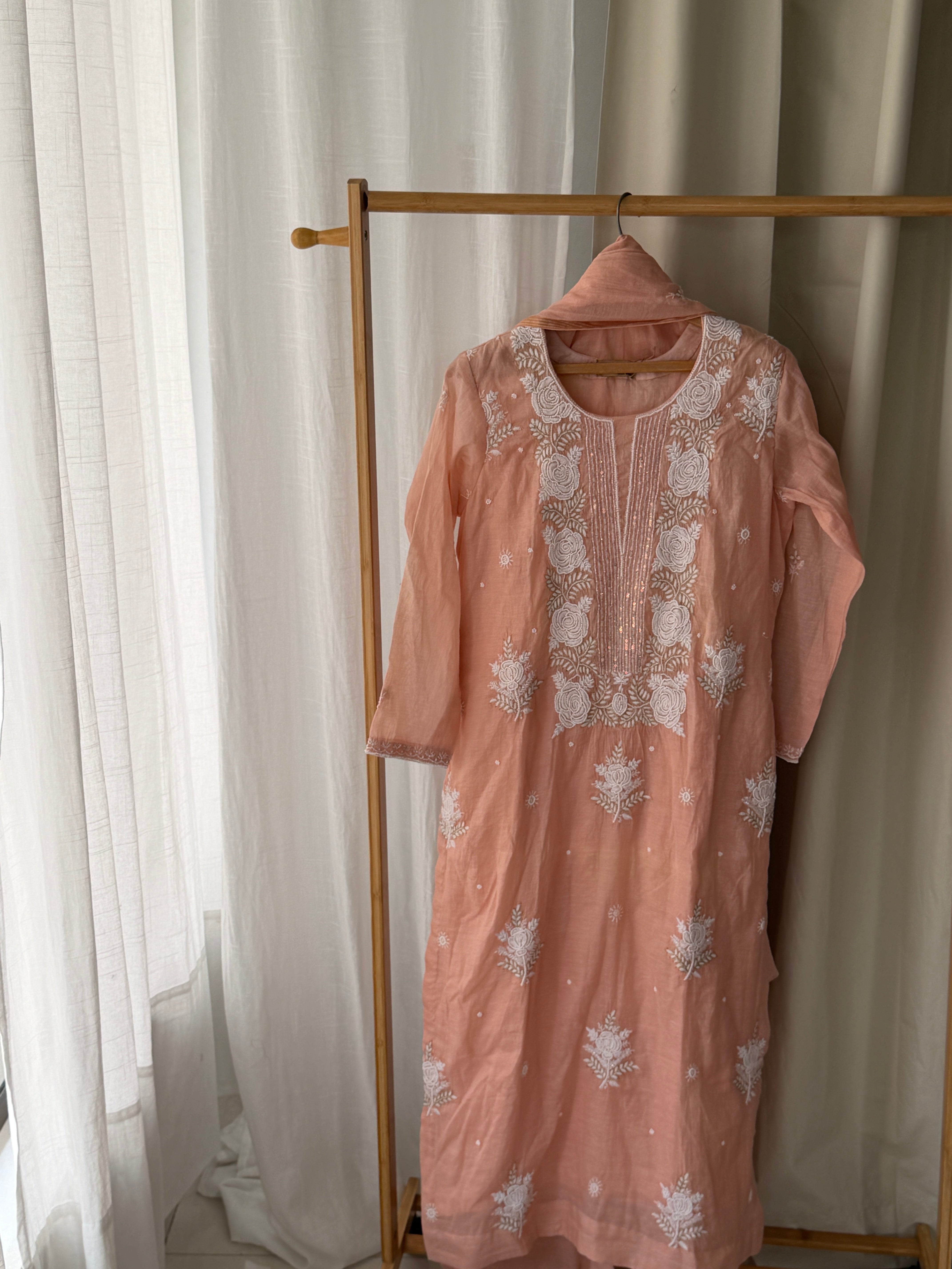 Nayaab chikankari kurta set in Peach