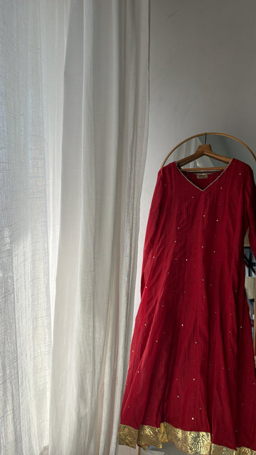 'Riwayat' Anarkali set with churidar and dupatta and Deep Red