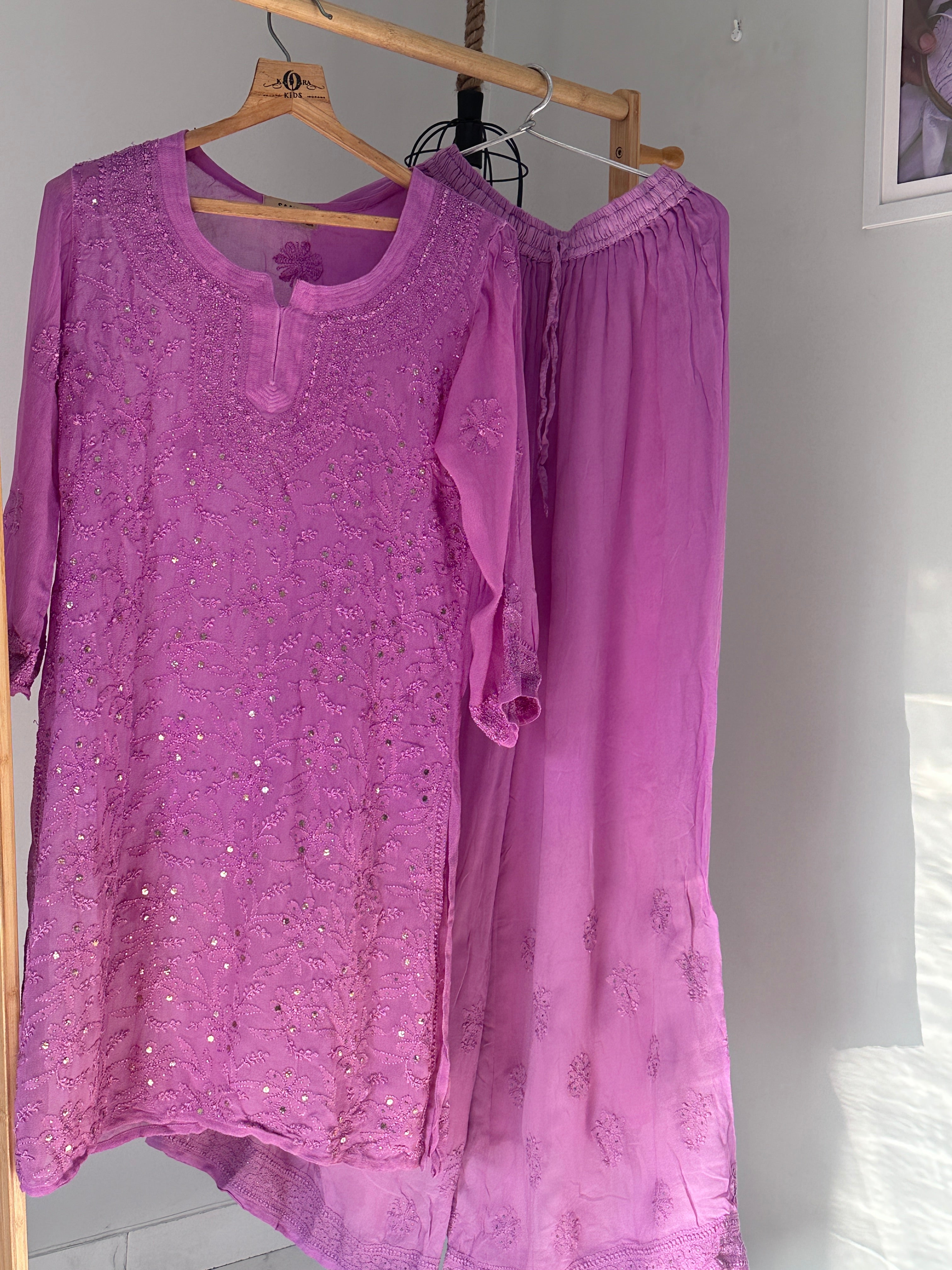 Chikankari kurti with sharara set in lilac