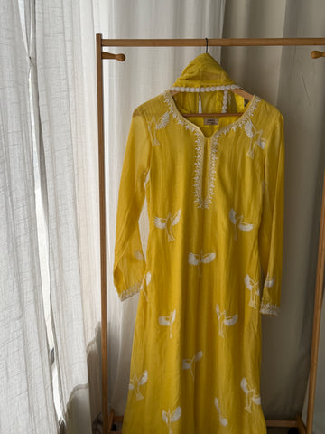 AFREEN CHIKANKARI SUIT SET OF THREE IN YELLOW