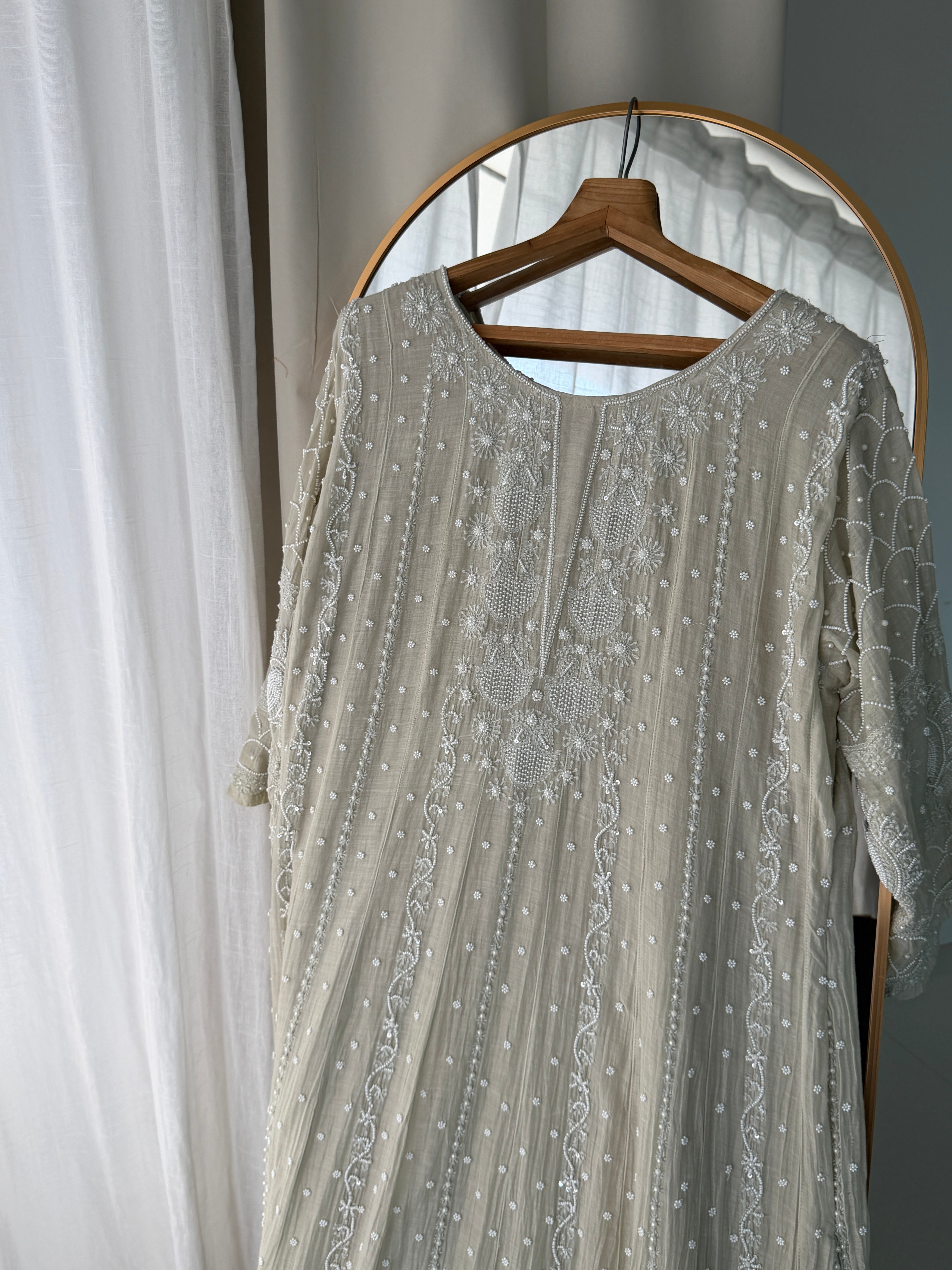 'ZUHRA' Delicate Pearl chikankari Anarkali in Pista