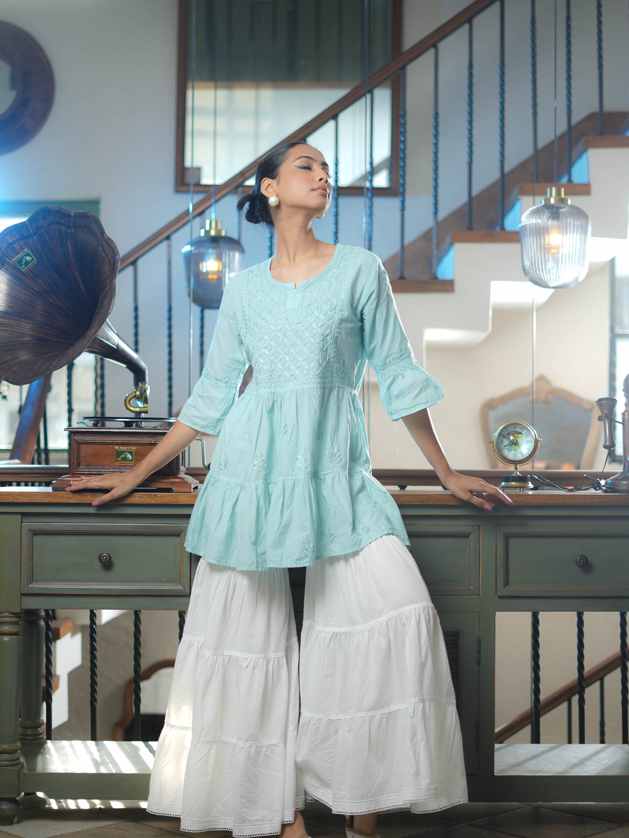 AINA - SET OF 2 WITH COTTON GHARARA IN AQUA