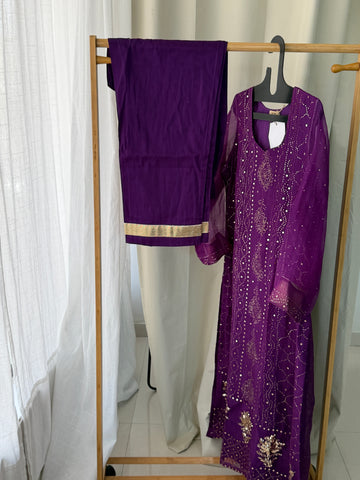Pure organza mukaish straight 3 piece kurta set