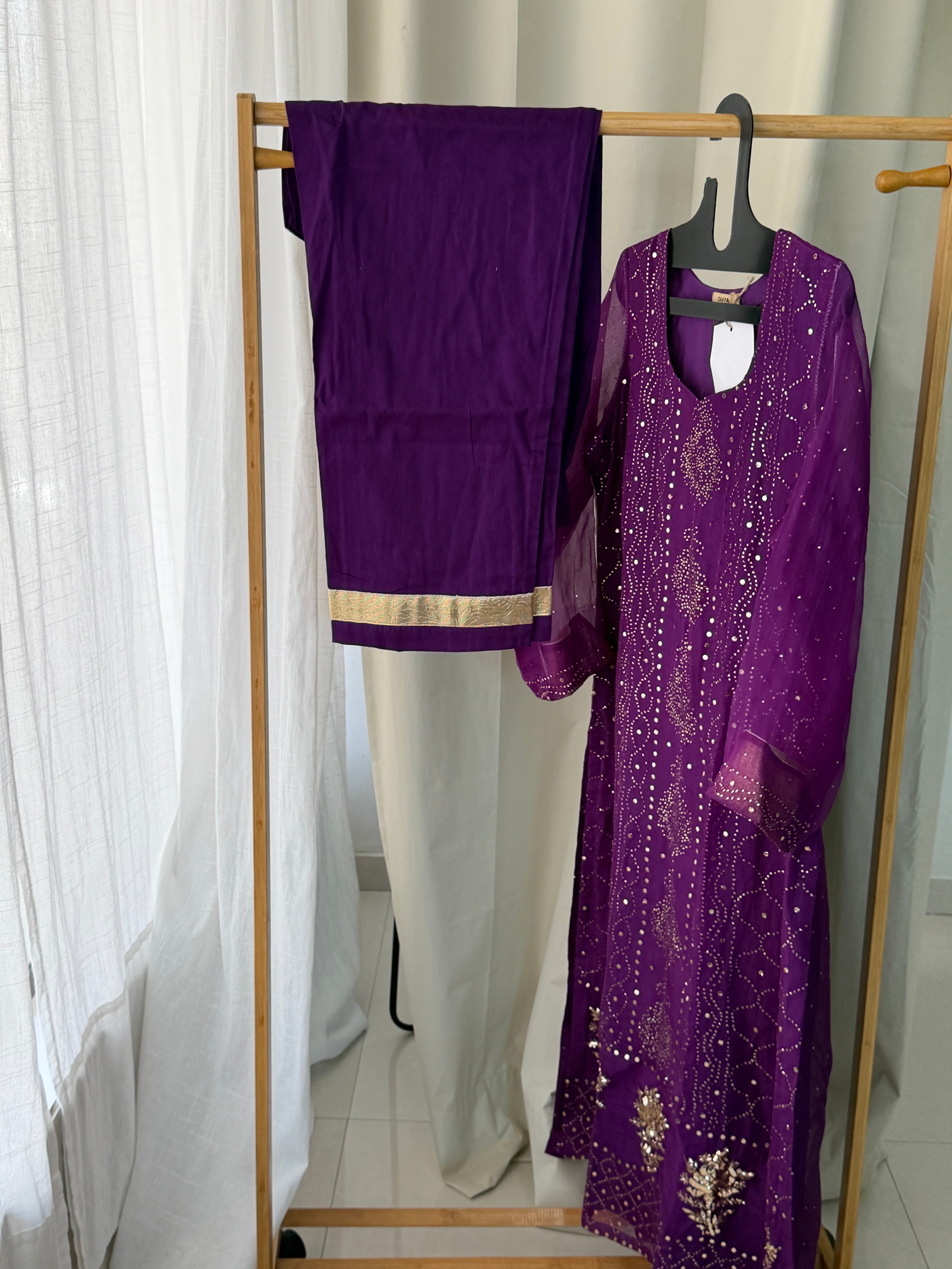 Pure organza mukaish straight 3 piece kurta set