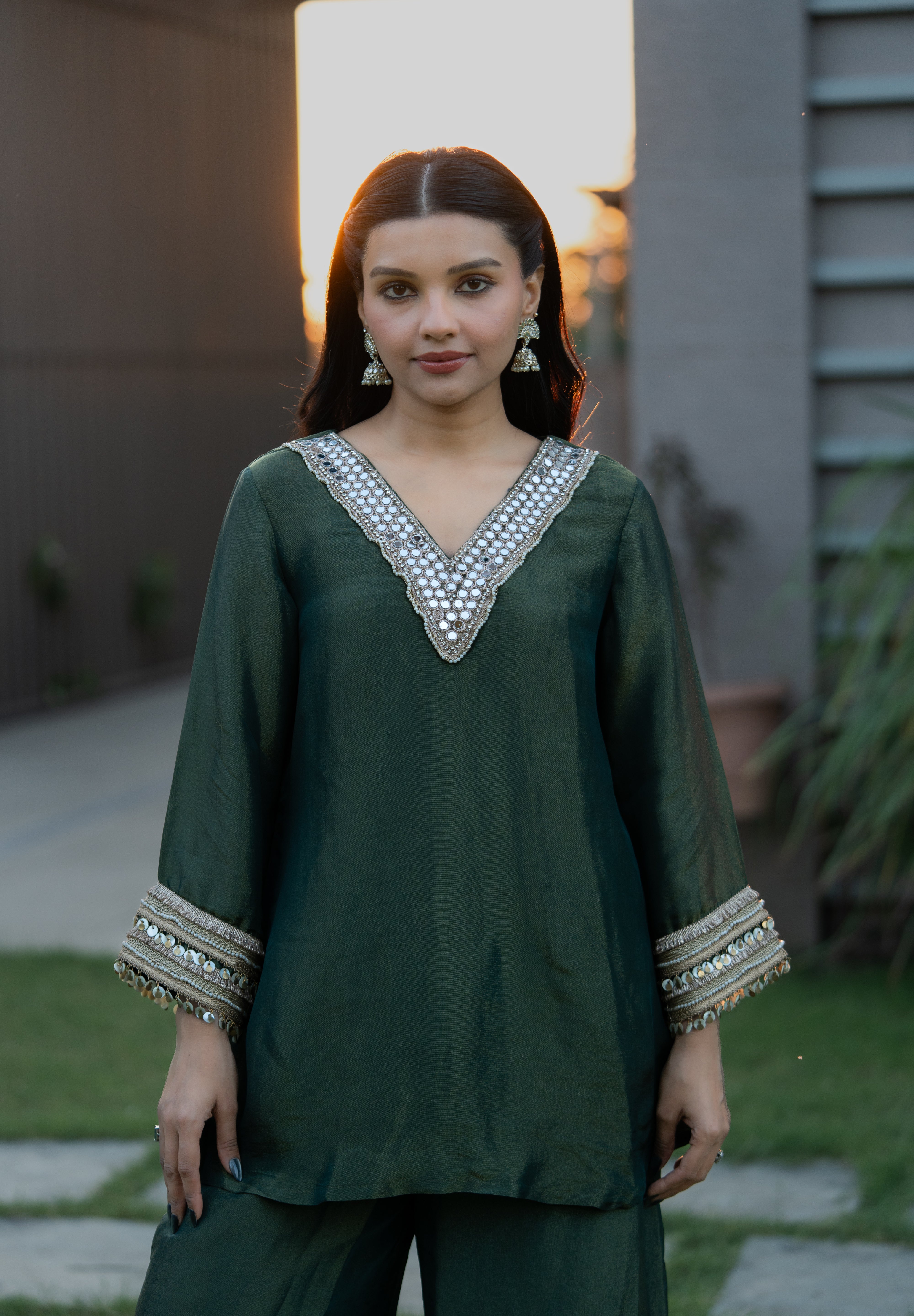 CHANDRIKA- MIRROR WORK TISSUE SET IN EMERALD GREEN