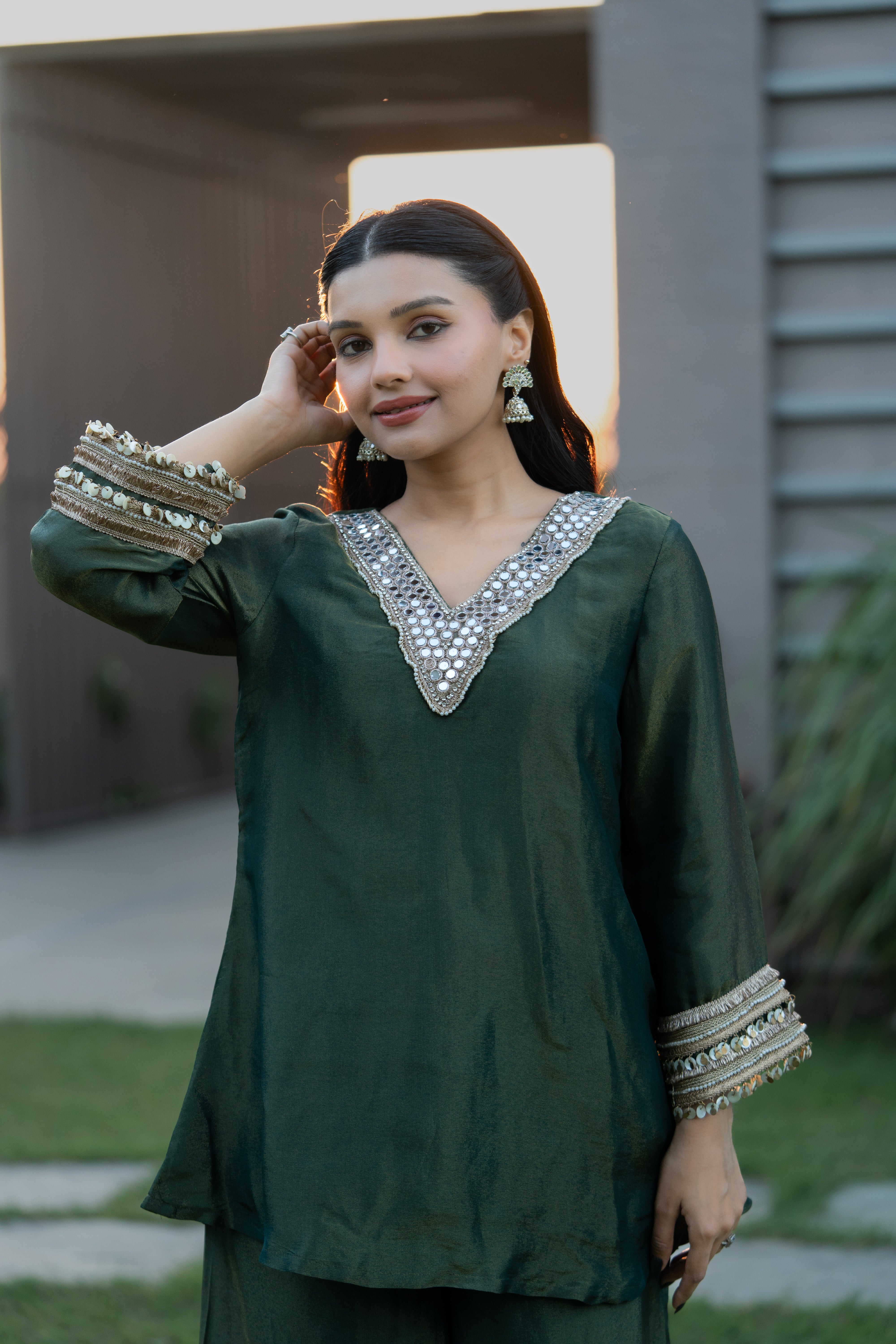 CHANDRIKA- MIRROR WORK TISSUE SET IN EMERALD GREEN