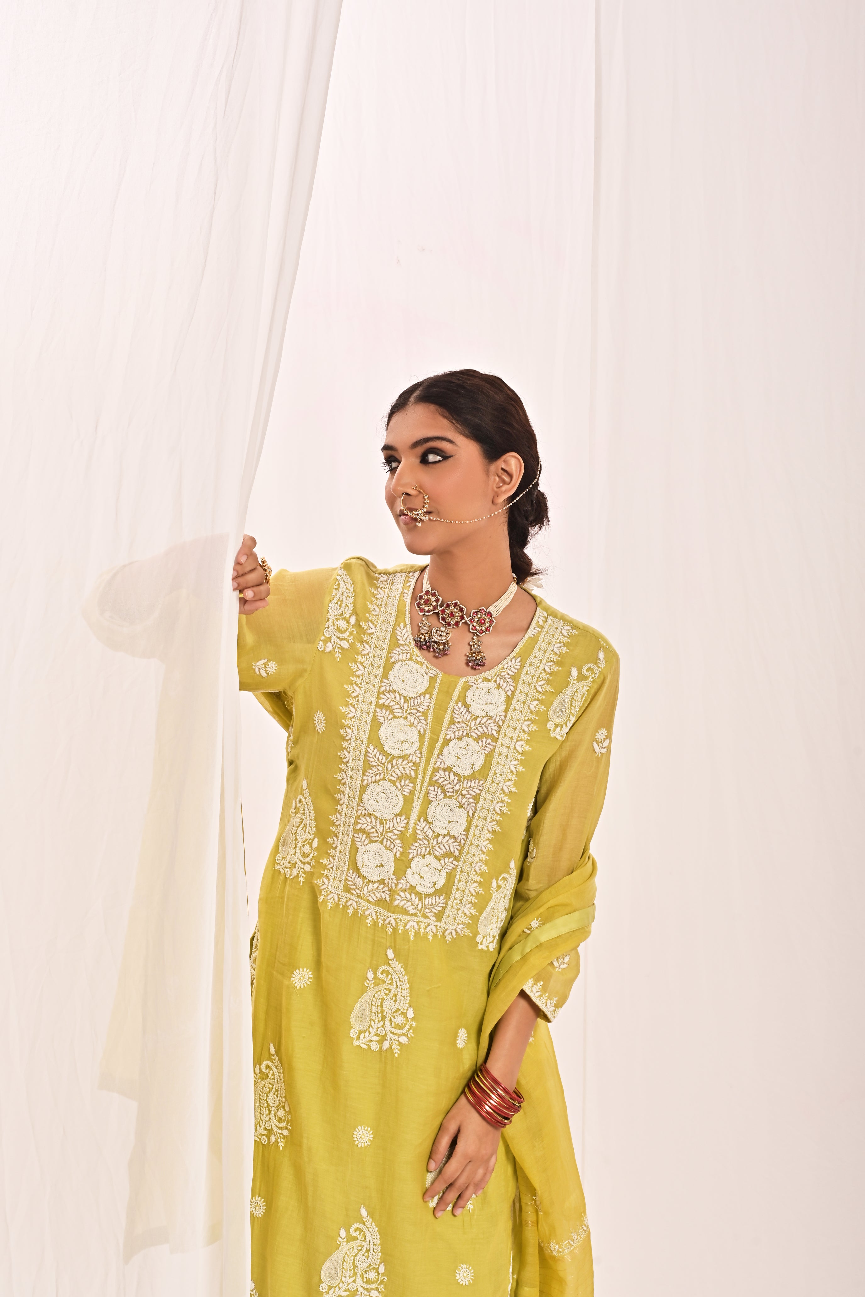 NAYAAB - CHANDERI SUIT SET IN LIME GREEN