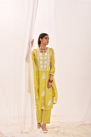 NAYAAB - CHANDERI SUIT SET IN LIME GREEN