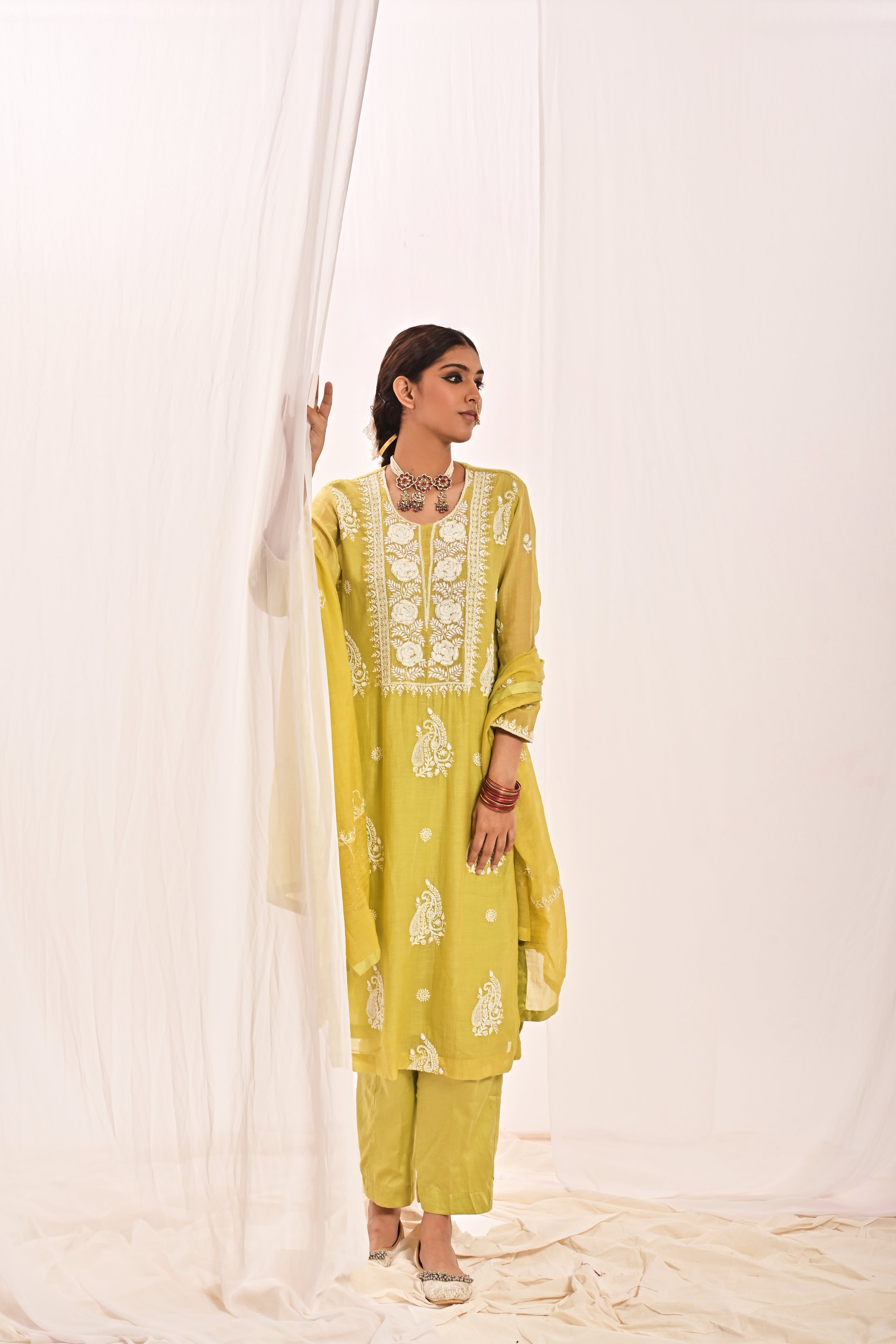 NAYAAB - CHANDERI SUIT SET IN LIME GREEN