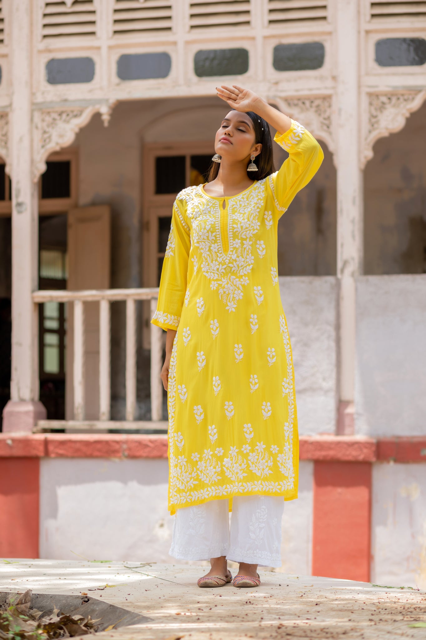 Buy Festival Wear Blue Chikan Work Pure Cotton Kurti With Palazzo Online  From Surat Wholesale Shop.