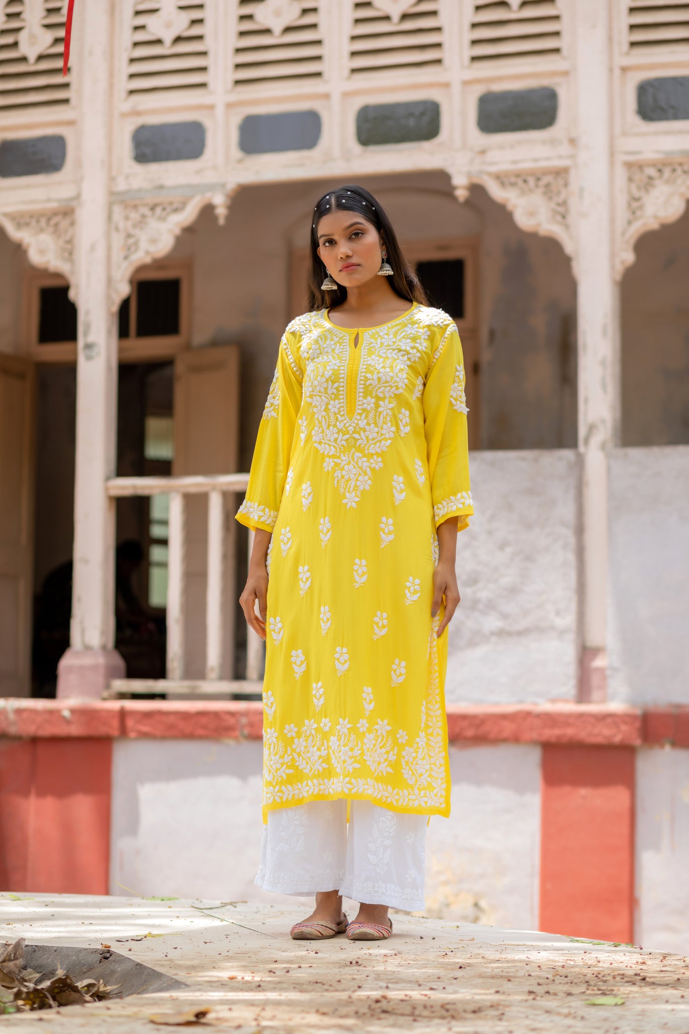 Handblocked yellow floral print kurta paired with white palazzo – Fabnest