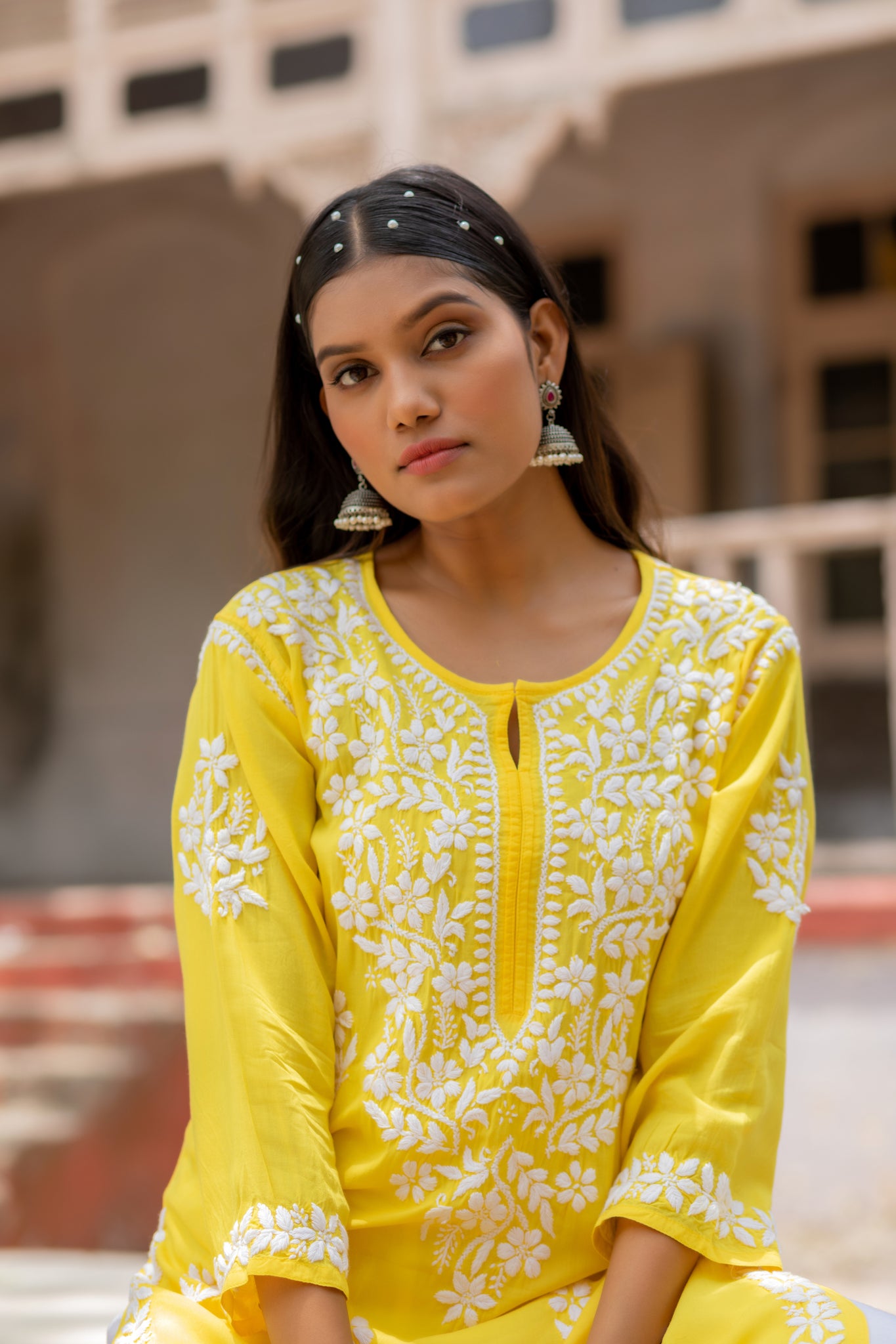 Buy Musterd Cotton Traditional Wear Chikan Work Kurti With Palazzo Online  From Wholesale Salwar.