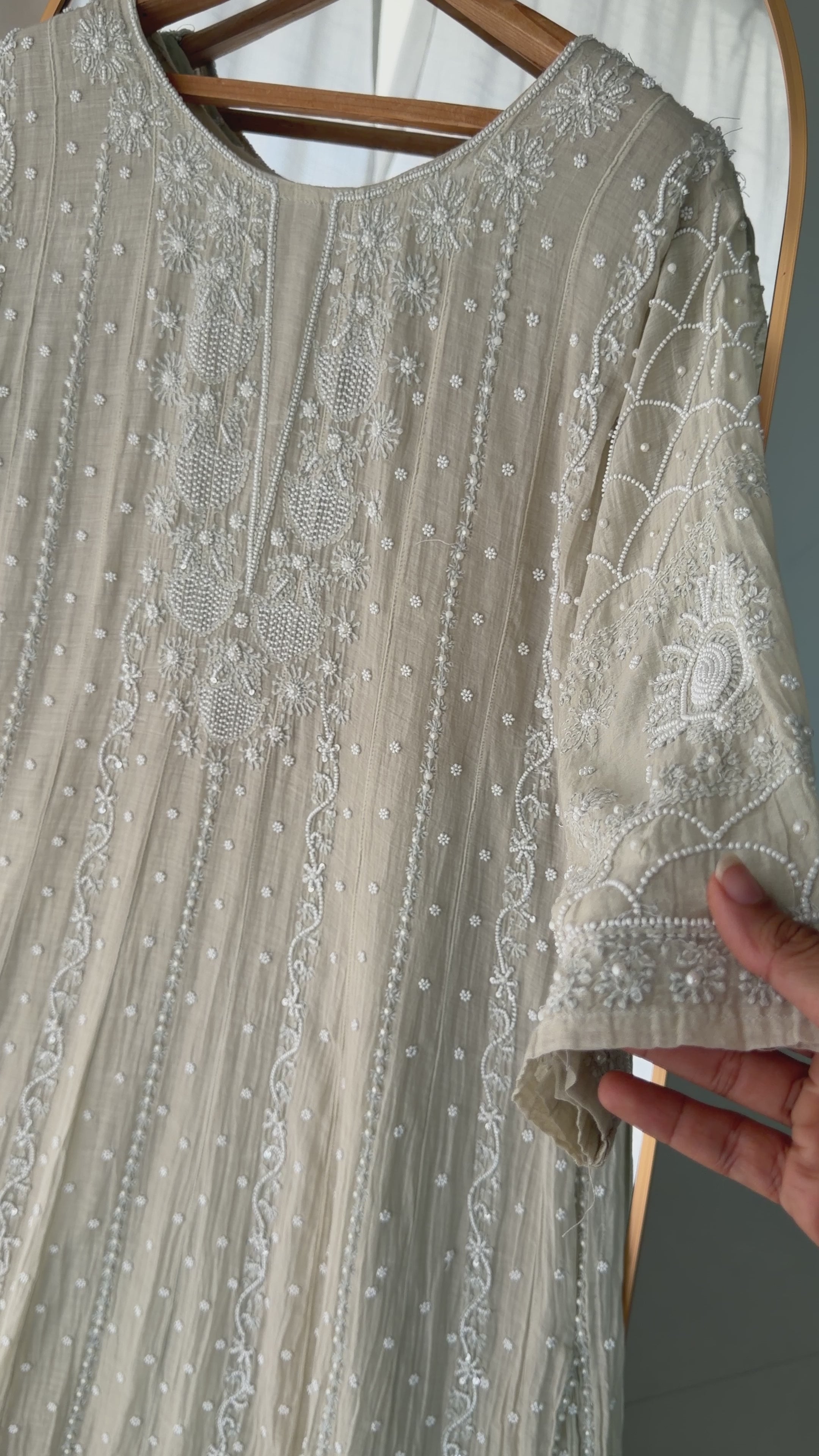 'ZUHRA' Delicate Pearl chikankari Anarkali in Pista