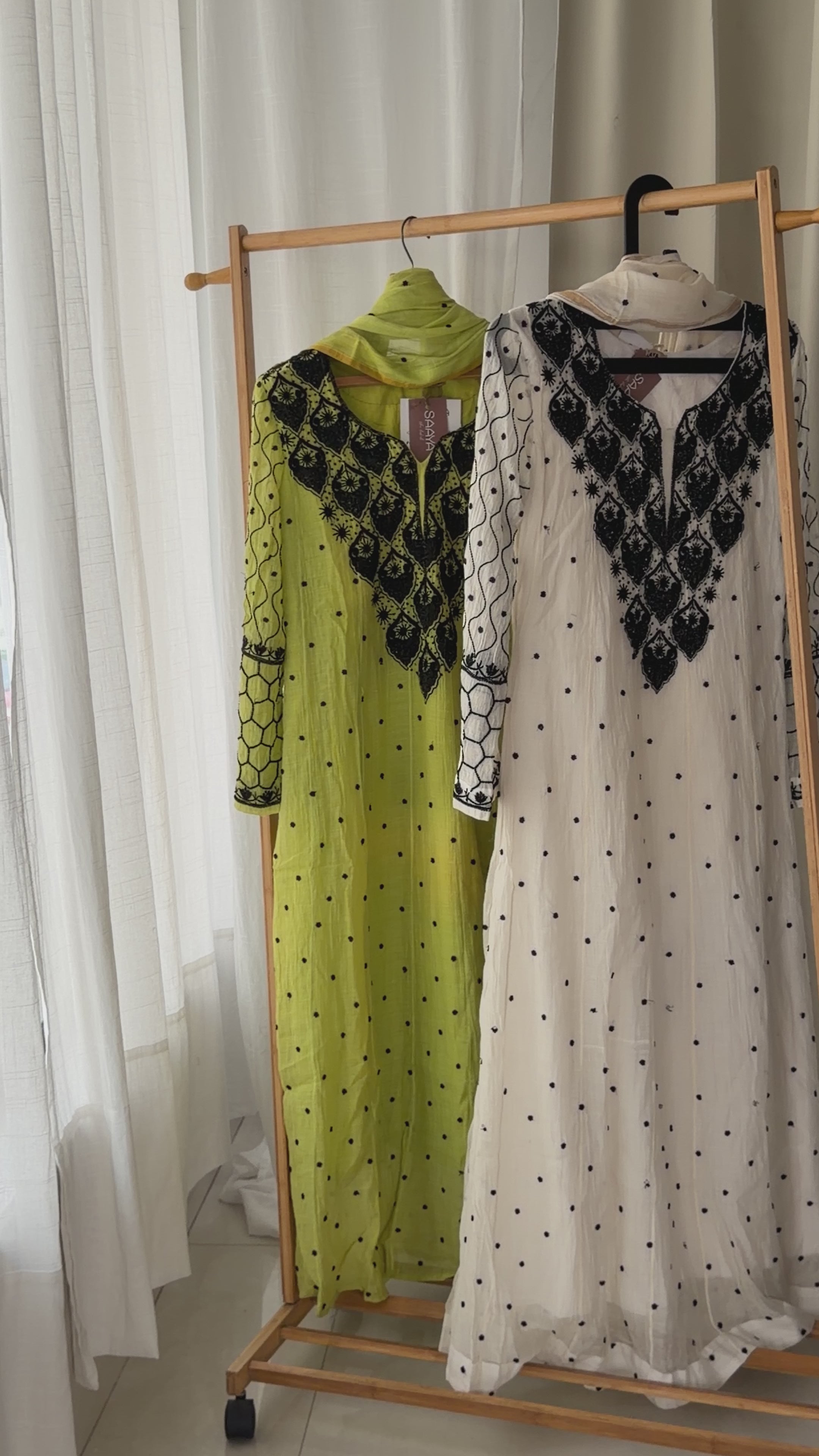 Mal chanderi black & white chikankari pearl Anarkali set
