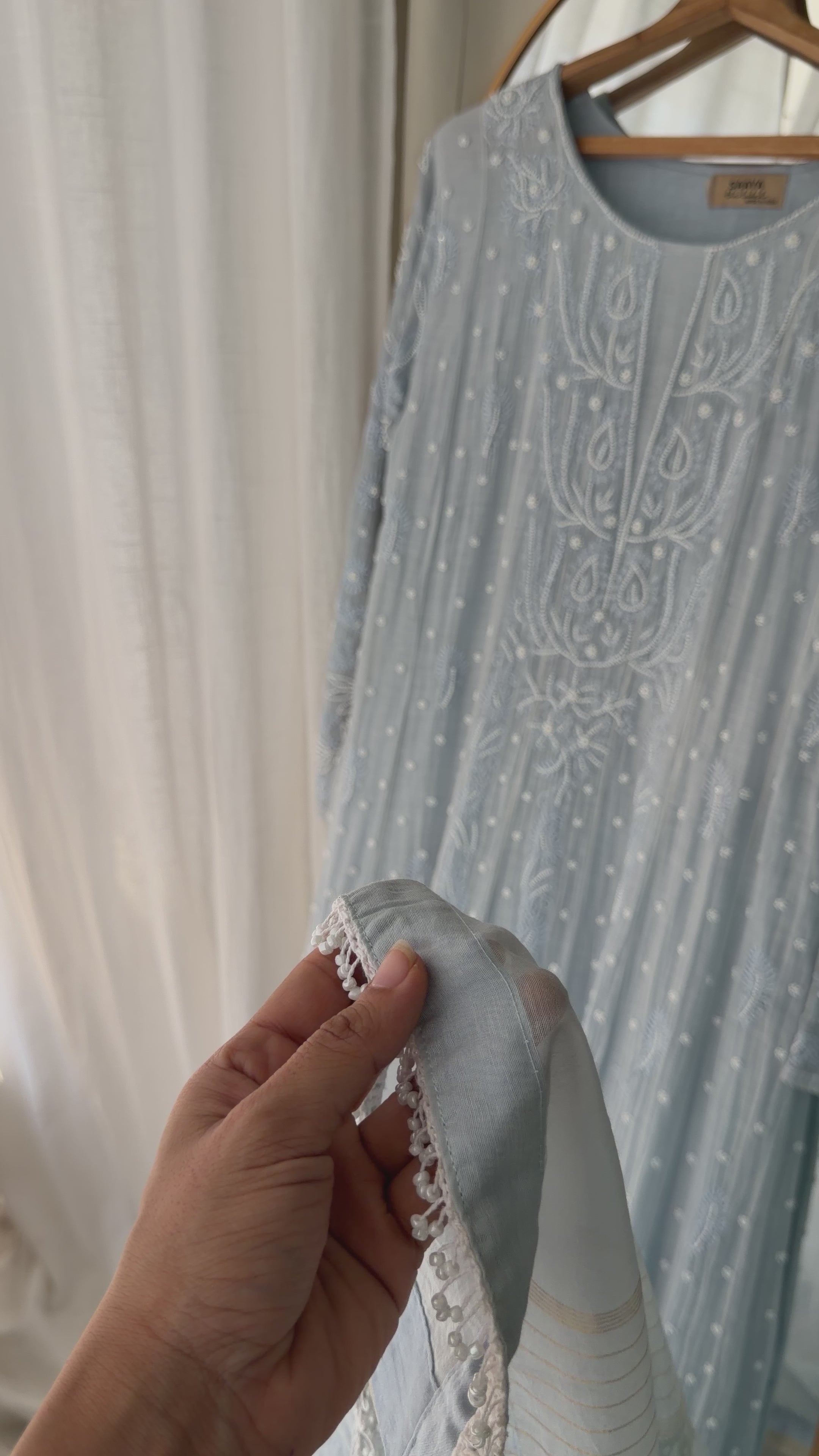 'Zuhra' Pastel Blue Chikankari and Pearl embroidery