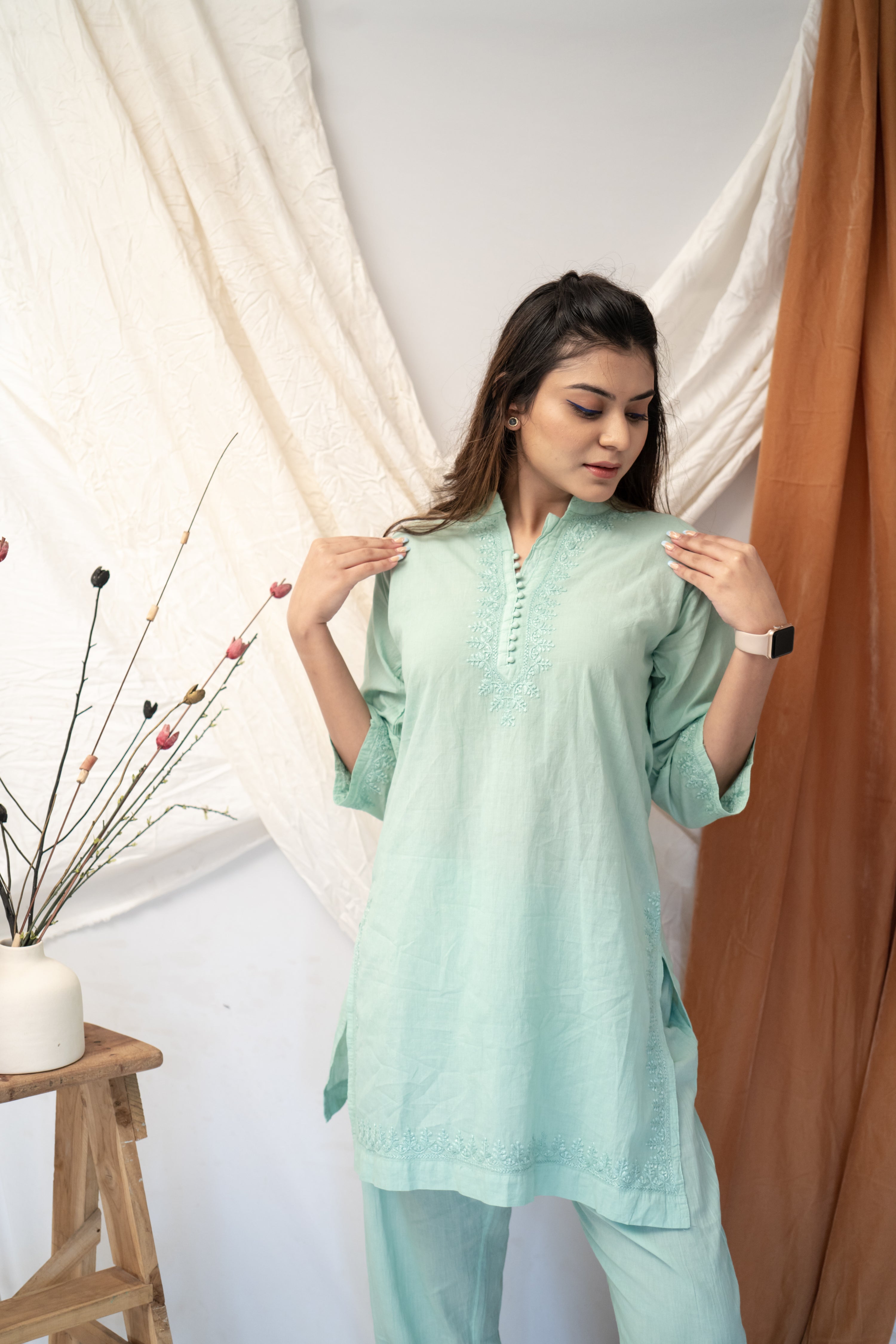 'ALIZEY' CHIKAN CO-ORD SET IN SAGE GREEN