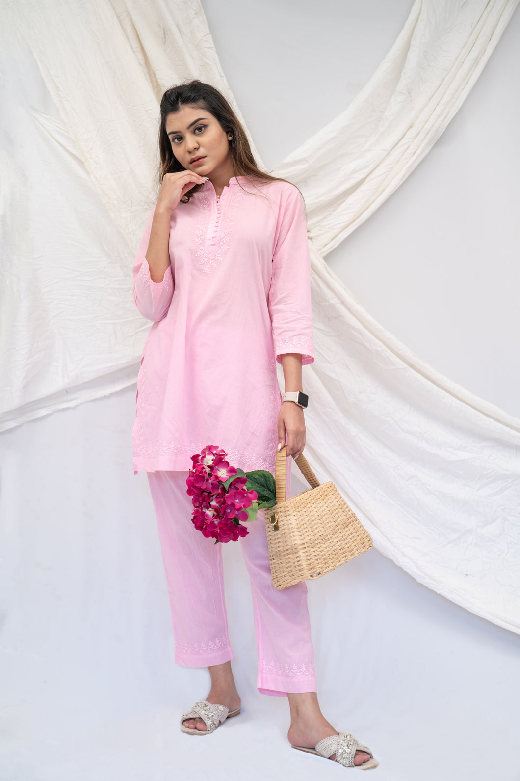 'ALIZEY' CHIKAN CO-ORD SET IN PINK