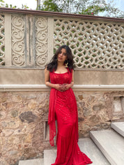 'NOOR' CHIKAN MUKAISH- SET OF 3 IN DEEP RED