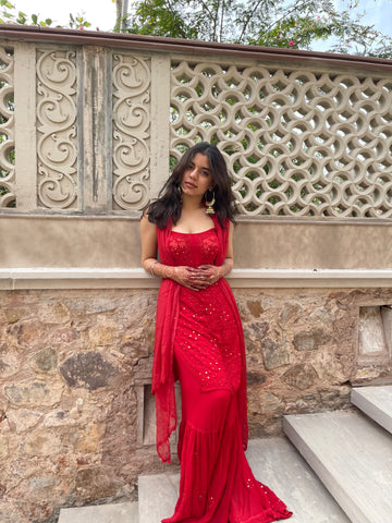 'NOOR' CHIKAN MUKAISH- SET OF 3 IN DEEP RED
