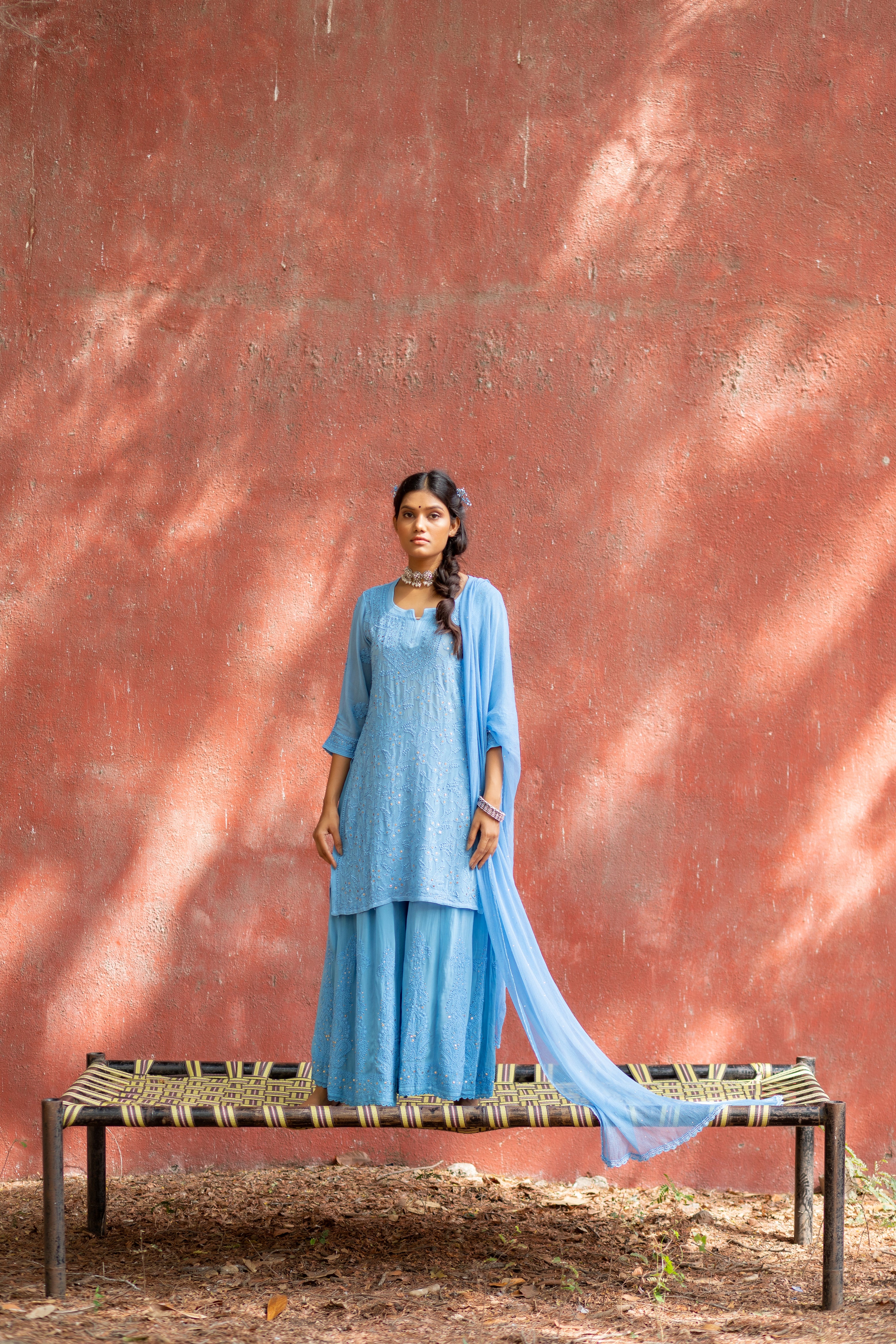 'NIKKHAT' CHIKAN MUKAISH- set of 3 in shade of blue
