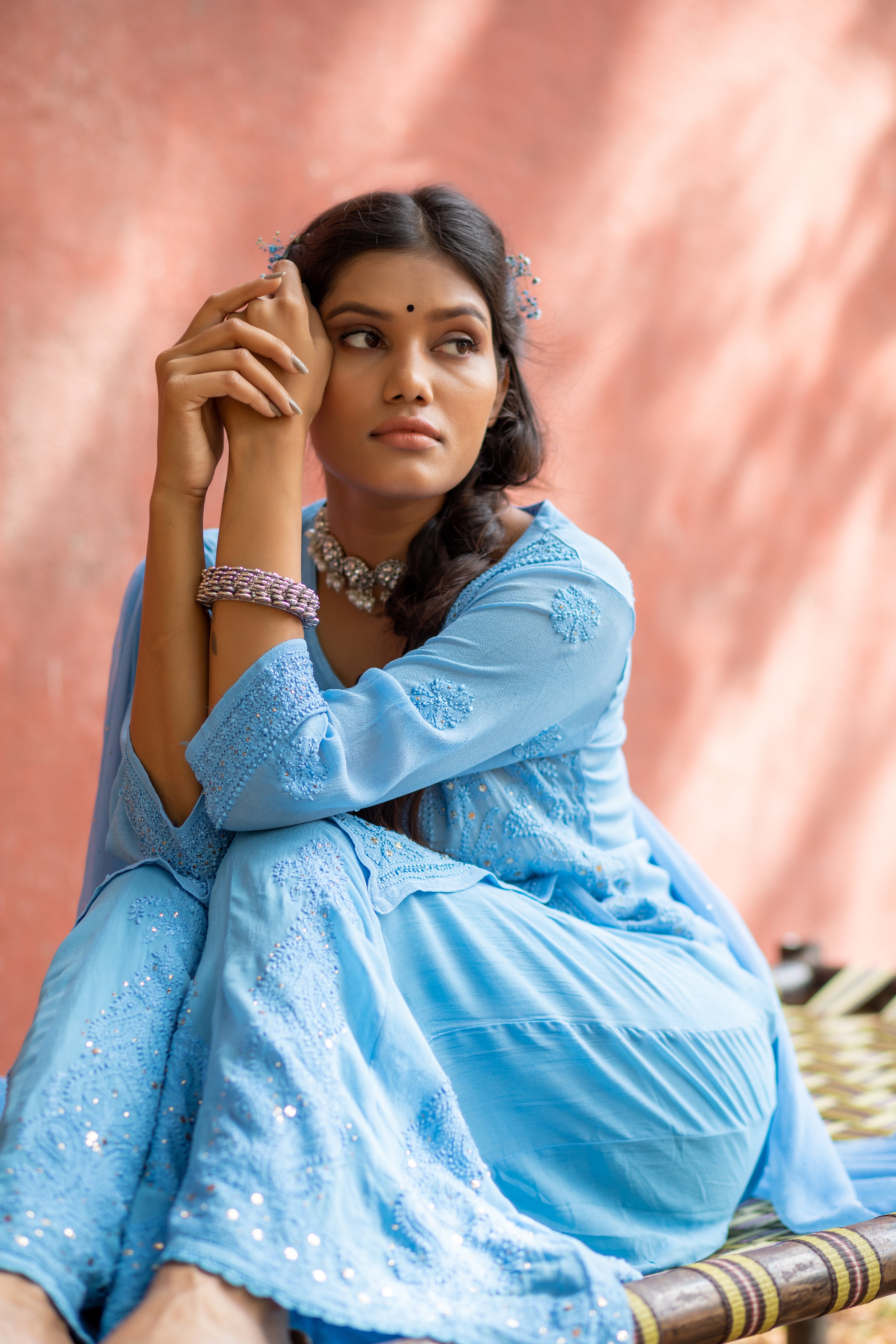 'NIKKHAT' CHIKAN MUKAISH- set of 3 in shade of blue