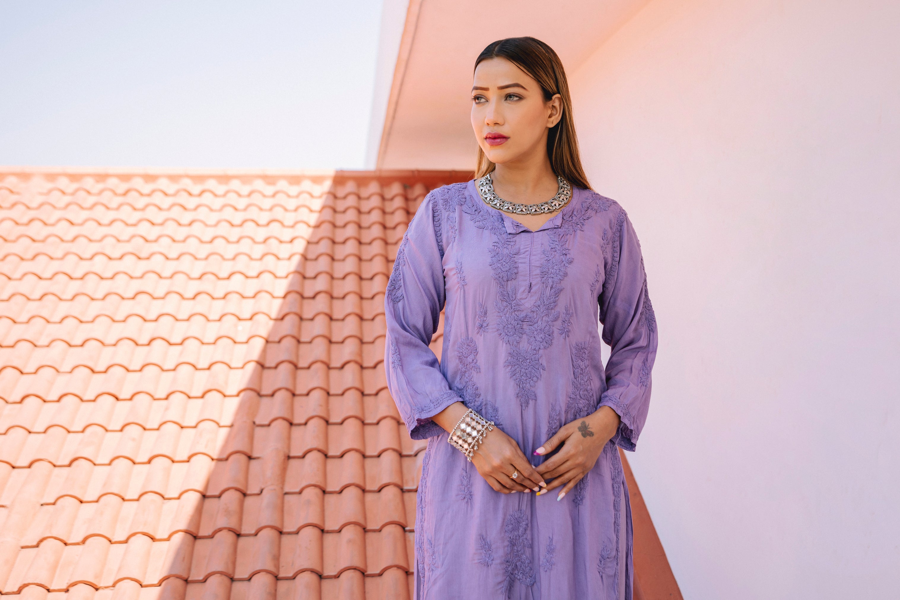 'MEHER' SET OF KURTA AND PALAZZO IN LILAC