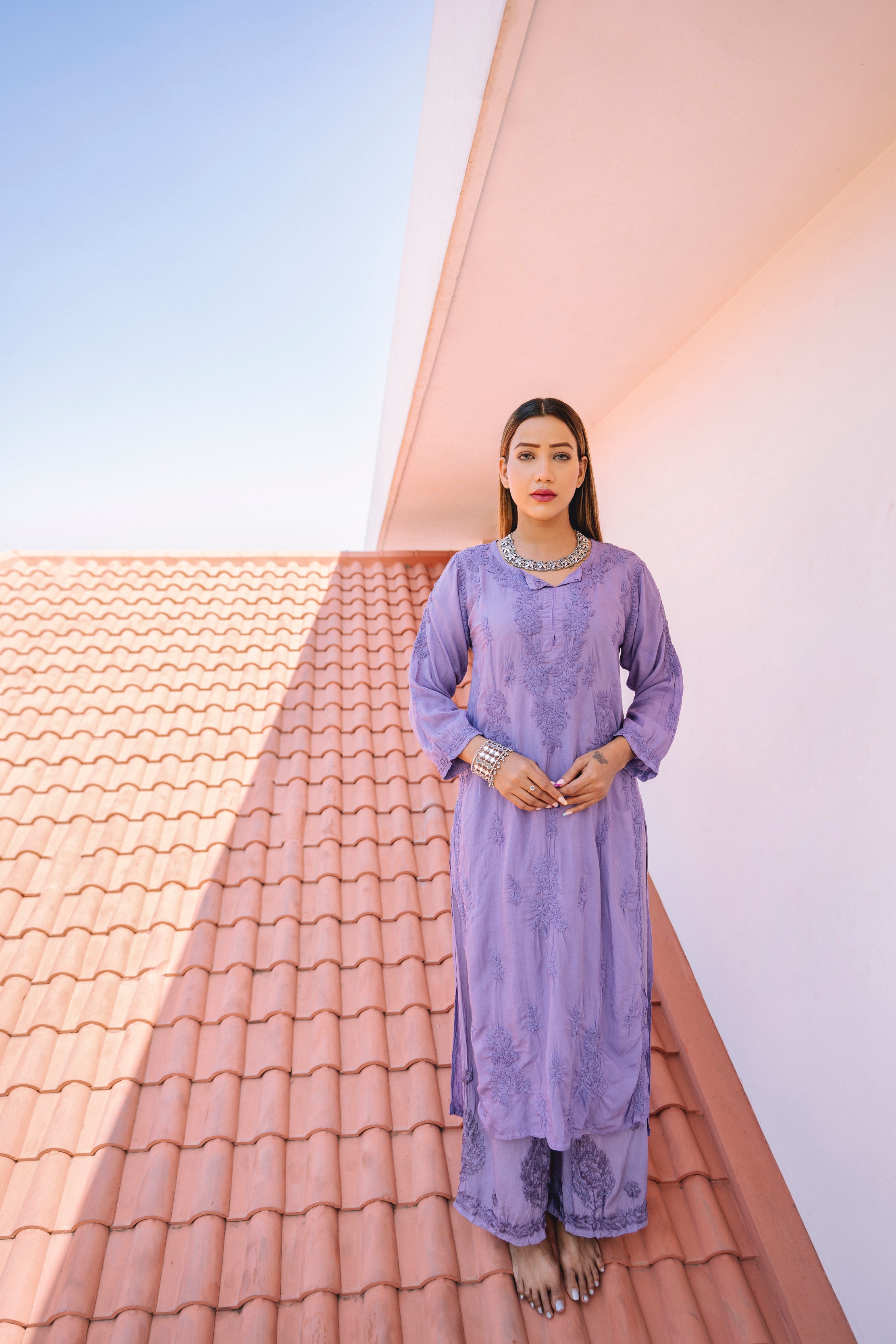 'MEHER' SET OF KURTA AND PALAZZO IN LILAC